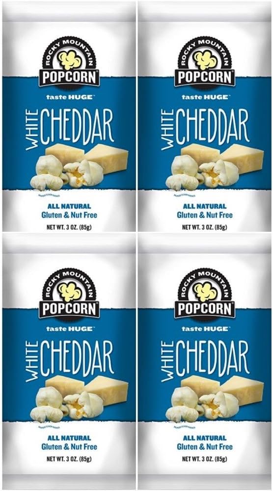 Rocky Mountain Popcorn, Real White Cheddar Gourmet Popcorn Combo Pack, 3 Ounce Bags (Pack of 4) (White Cheddar, 3.0 Ounce)