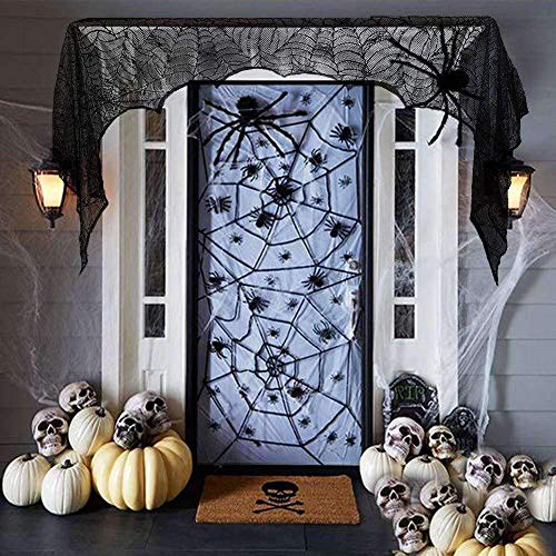 Halloween Cobweb Fireplace Scarf, Black Lace Spiderweb Mantle Scarf for Halloween Home Party Supplies, 18 x 96 inch