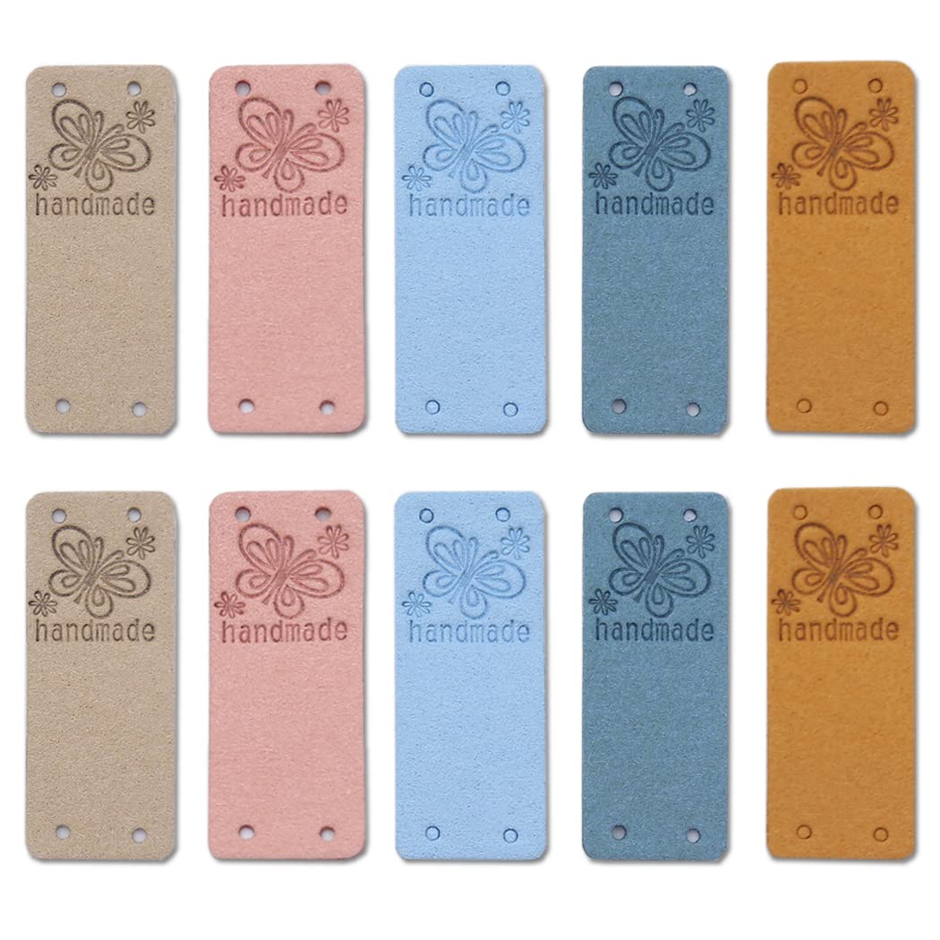 Borsgye 30PCS PU Leather Tags Handmade Embossed Tag Faux Leather Sew on Labels Embellishment Crochet Knitting Labels DIY Jeans Bags Shoes Hat Apparel Accessories 2x5cm - 5 Colors - Butterfly
