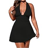 Floerns Women's Plus Size Deep V Neck Halter Dress Tie Back Sleeveless Mini Dresses