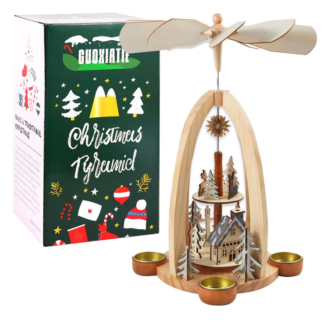 Photo 1 of 14Inch Wooden Christmas Pyramid with 4 Candle Holders-Nativity Scene Set for Christmas Tabletop Décor (Number Two)