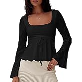 BAIGRAM Women Long Bell Sleeve Babydoll Crop Tops Y2K Boho Fall Outfits Floral Lace Square Neck Ruffle Peplum T-Shirts Blouse