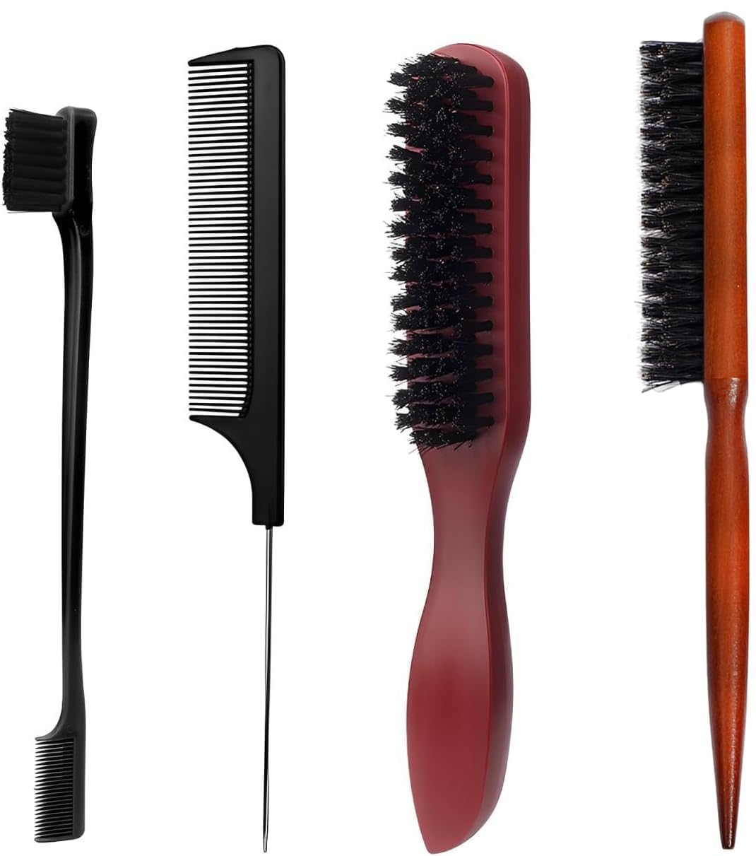 Black Bristle Slick-Back Hair Brush Set for Teasing, Styling & Damaged Hair - Texture-Improving Combing Tool