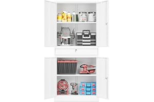 Fesbos 71" Metal Cabinet-White Heavy Duty Storage File Cabinet Steel Tool Cabinets with Shelves, Lockable Doors and Drawers- for Garage, Pantry, Warehouse - Assembly Required