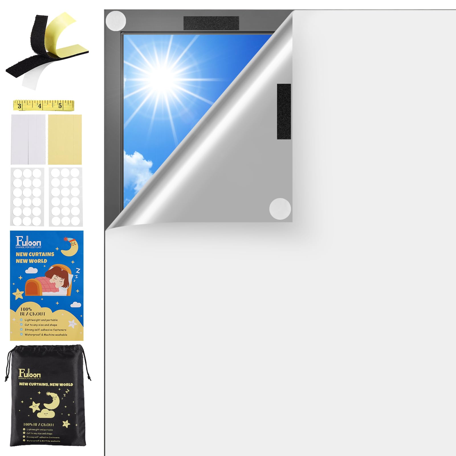 Fuloon Blackout Curtain, DIY Size/Shape Window Shades, Portable & Lightweight, No Drill Blackout Blinds- Ideal for Baby Nursery,Dorm Room,Bedroom,Travel (79x57'', White)