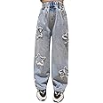 Rolanko Girls Jeans Denim Elastic Wasit Wide Leg Baggy Pants Kids Clothes 4-14 Years