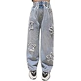 Rolanko Girls Jeans Denim Elastic Wasit Wide Leg Baggy Pants Kids Clothes 4-14 Years