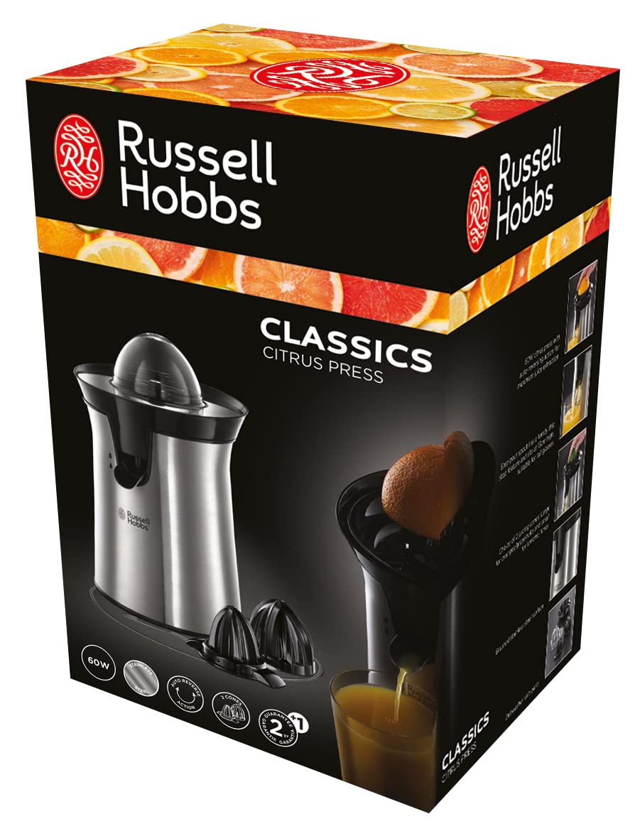Russell Hobbs Orangenpresse & Zitruspresse elektrisch [links-& rechtsrotierend, 2 Presskegel für Zitronen/Orangen] Edelstahl (Tropf-Stopp-Funktion, spülmaschinenfest, BPA-frei) Saftpresse 22760-56 7