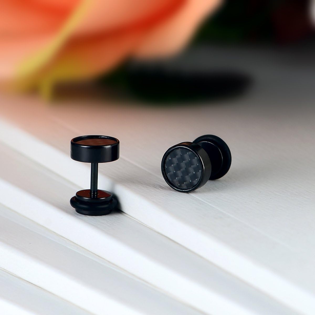 JewelryWe Mens Faux Gauge Earrings: 8mm Stainless Steel Ear Studs Silver Black Resin Carbon Fiber Tapers Cheater Faux Fake Ear Plugs Gauges Earrings for Men Women - Image 4