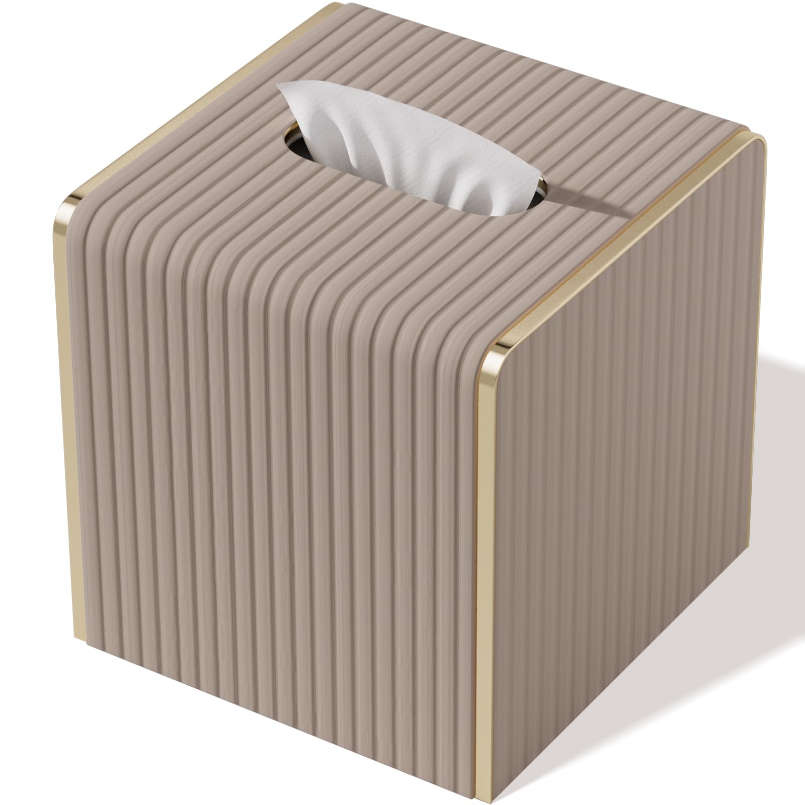 Tissue Box Cover,Beige Cube Leather Tissue Box Holders with Gold-Tone Edging Accents,Decorative Tissue Covers for Bathroom Toilet Bedroom Living Room Table Desk Office Car,Decor Aesthetic
