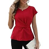 CiCiBird Women Dressy Casual Blouse Work Tie Back Peplum Shirt Trendy Crew Neck Cap Sleeve Tops