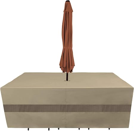 Amazon Com Sunpatio Outdoor Table And Chairs Cover Patio Furniture Set Cover X Large 120 Inch Water Resistant Dining Table Cover With Umbrella Hole Lightweight Helpful Air Vents Neutral Taupe Garden