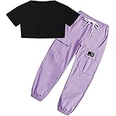 SANGTREE Girls' 2 Piece Outfits T-Shirt and Drawstring Cargo Jogger Pants Clothing Set, 4-14 Years