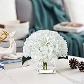 rubystory Silk Hydrangea Artificial Flowers in Vase with Faux Water, Silk Flower Arrangements in Vase for Wedding, Dining Table, Living Room (White)