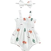 Tsseiatte Newborn Baby Girl Summer Bodysuit Print One Piece Ruffle Strap Romper Jumpsuit Cotton Playsuit with Headband