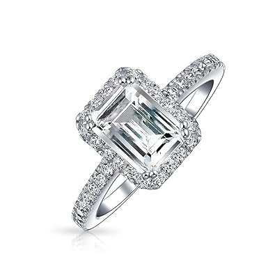 2ct Emerald Cut Cubic Zirconia Thin Pave Band Halo Cz Deco Style
