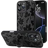 BF2JK for iPhone 16 Pro Case with Finger Hand Strap Kickstand, Cute Aesthetic Floral Flower Phone Case for Women Men, Full Camera Protection Shockproof Cover, Black