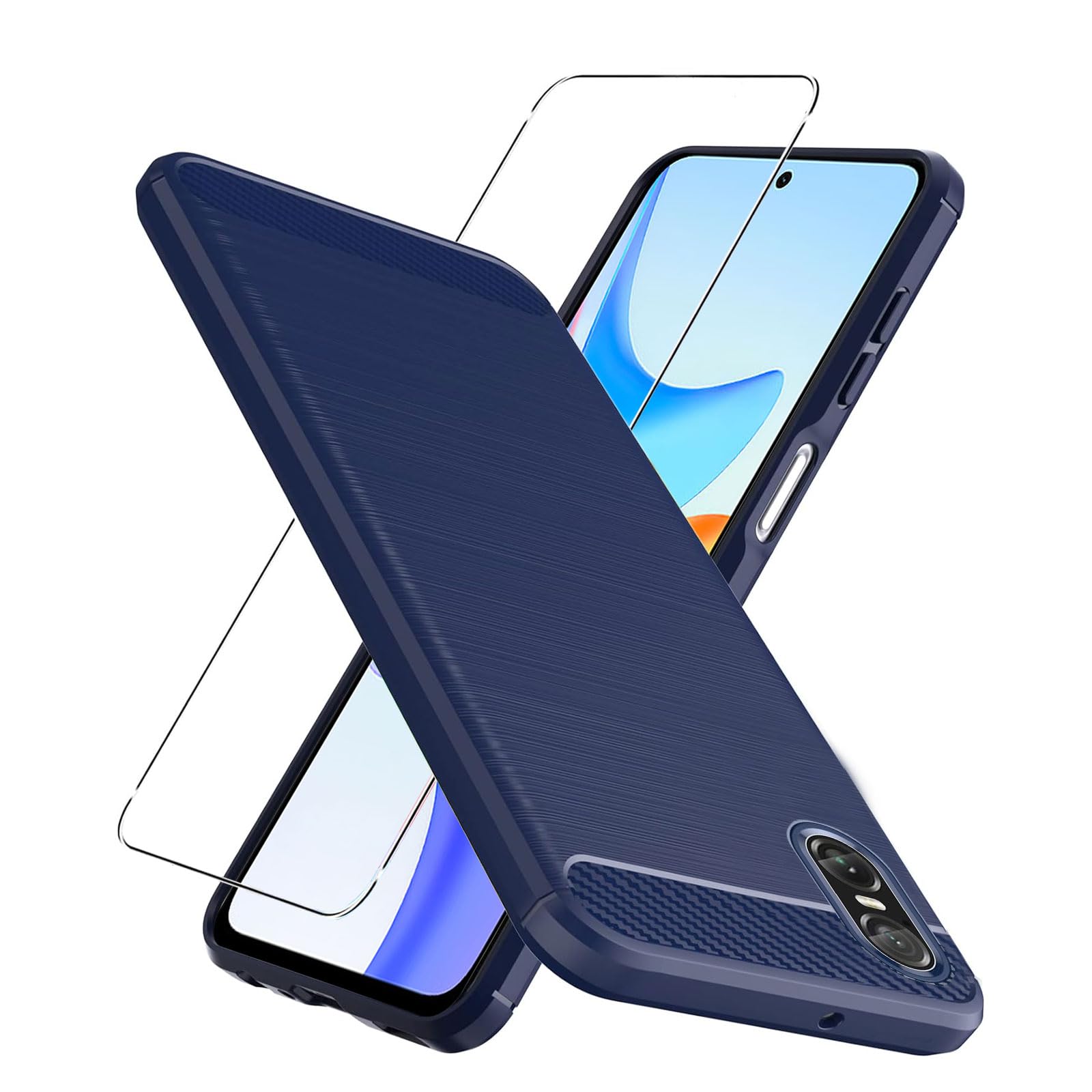 LYZXMY Protective Film for Sony Xperia 10 VI Case Blue Carbon Fiber + 1 x Tempered Glass - Soft Cover Carbon Fibers Skin Phone Shell for Sony Xperia 10 VI (6.1")