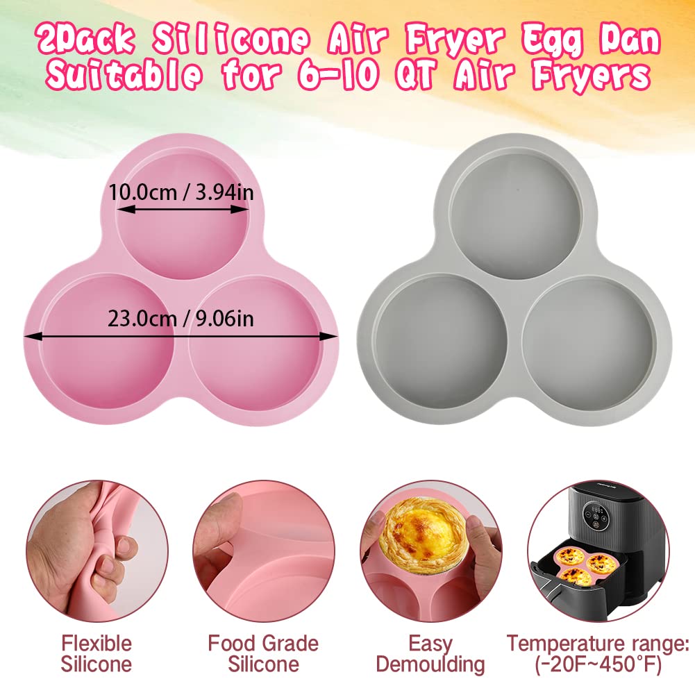 Abnaok 2PCS Silicone Air Fryer Egg Pan with 6PCS Reusable Silicone Baking Cups, Non-Stick Air Fryer Baking Pan, 3 Cavity Silicone Muffin Pans Muffin Cups for Baking