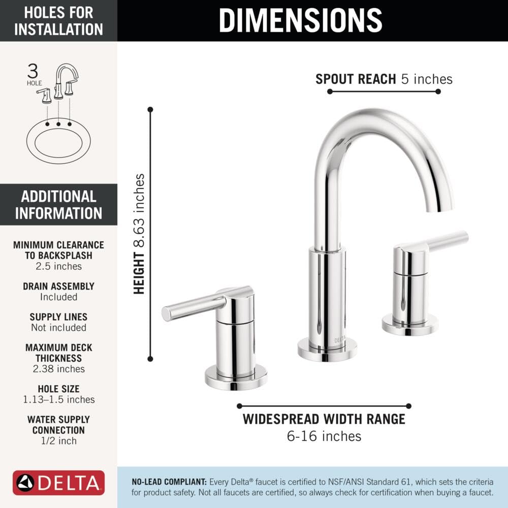 Delta Nicoli Chrome Faucet 3 Hole, 8 Inch Widespread Bathroom Sink Faucet for Vanity, Push-Pop Drain Assembly, Chrome 35749LF