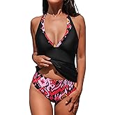 CUPSHE Women's Tankini Sets Halter V Neck Two Piece Bathing Suits Adjustable Straps Mid Rise Swimwear