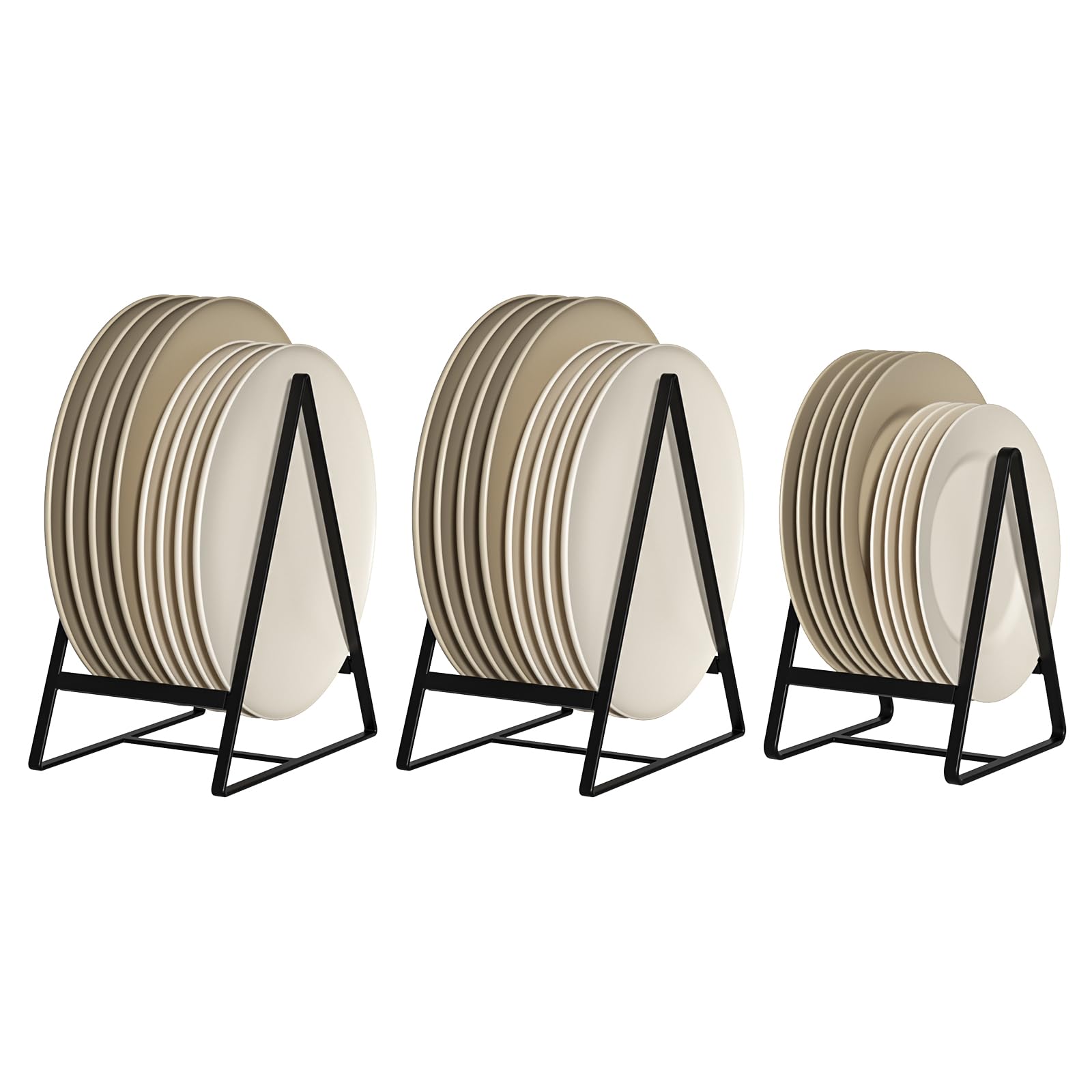 Hikinlichi Triangle Plate Holders Organizers 2 Large 1 Small Upright Cabinet Dish Drying Racks Metal Plate Dish Organizers Racks Stands for Countertop and Cupboard Black