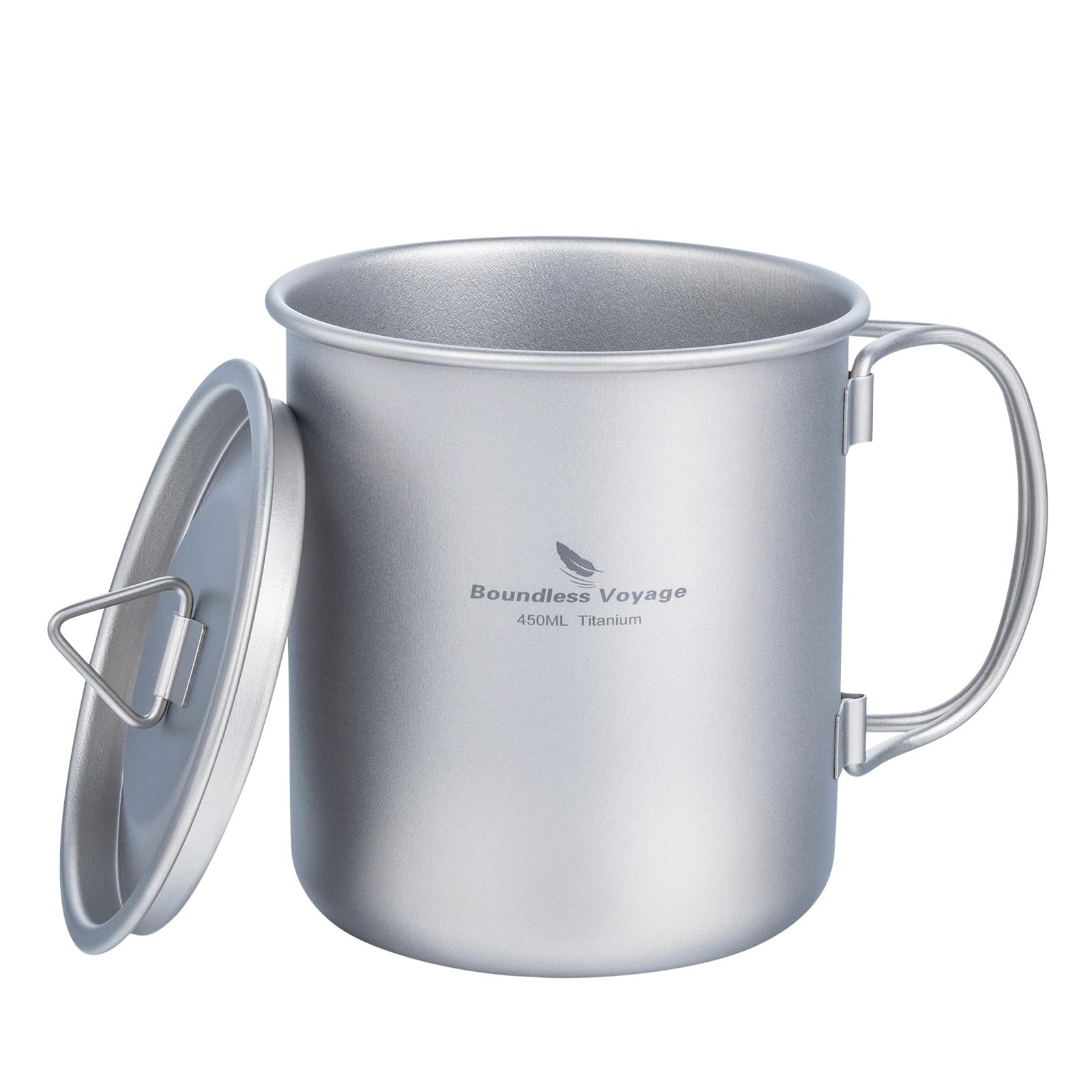 iBasingo 450ml Titanium Mug Camping Cup Tea Coffee Water Pot with Lid Ultralight Outdoor Travel Tableware with Foldable Handle Picnic Backpacking Trekking Portable Drinkware Survival Gear Ti3026D — image 1