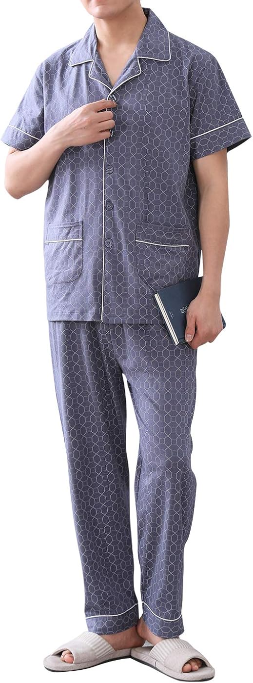 KKQ Men's 100 Cotton Summer Casual Pajamas Blue is Very Soft and