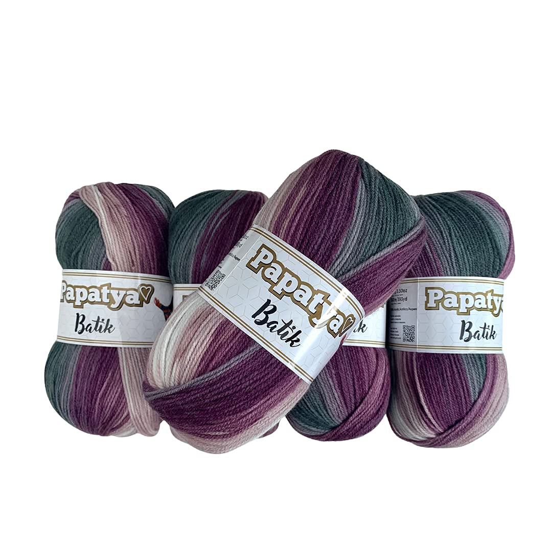 Papatya Batik Multi Colour Double Knit Yarn, Purple and Grey Yarn Pack, 5 x 100g. 554-22