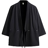 Men's Cotton Blends Linen Open Front Cardigan Embroidery Kimono Jackets