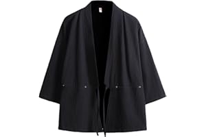 FAXIKIO Men's Cotton Blends Linen Open Front Cardigan Embroidery Kimono Jackets