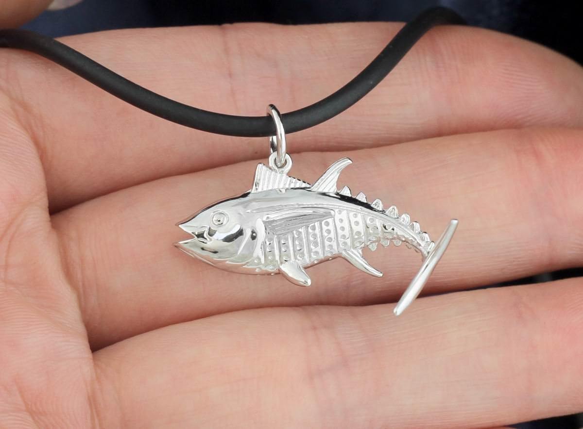 Sterling Silver Rhodium Plated 3D Tuna Fish Sea life Pendant Necklace ocean marine fishing Jewelry