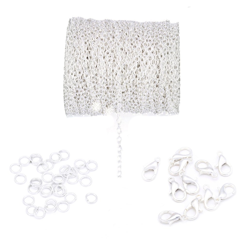 20ft 4x6mm Twisted Cross Chains Metal Cable Chain Link and 20pcs Lobster Clasp & 100pcs Open Jump Ring Jewelry Making Chain for DIY Making Bracelet Necklace (Silver)