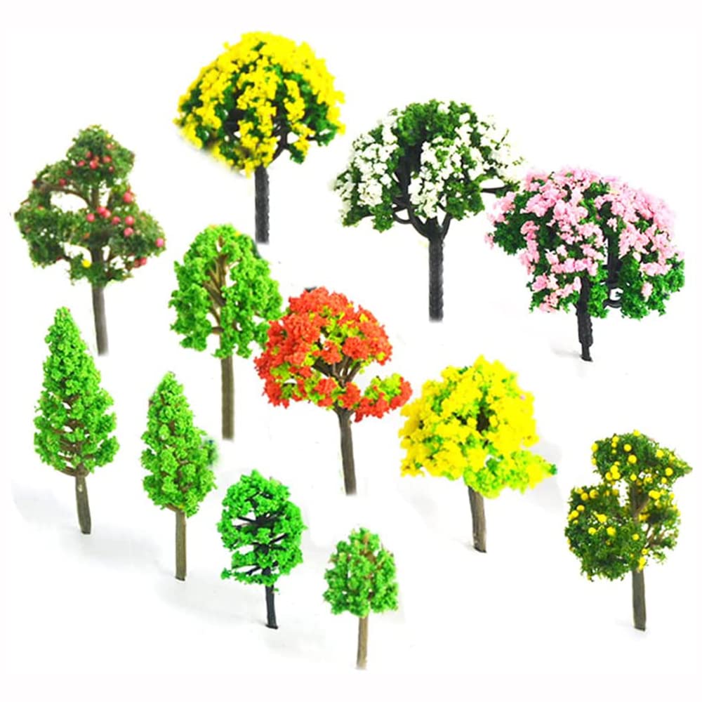 ANCLLO 60 Pieces Plastic Miniature Trees Mixed Colors Model Trees,Train Scenery Fake Trees for Building Model, Landscape Model Railway Landscape(3.5-5.5cm)
