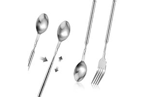 AEAOCVO 2 Pcs Extendable Fork & Spoon, 8.7 to 25.5 Inch Adjustable Telescopic, Retractable Long Stainless Steel Extended Fork for Fruit, Dessert, BBQ