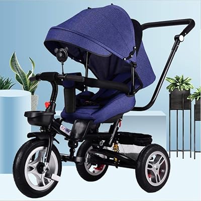 WYARU Childrens Folding Tricycle 5-Point Safety Belt Children's Pedal Tricycle Comfortable and Adjustable Backrest Folding Sun Canopy,Blue