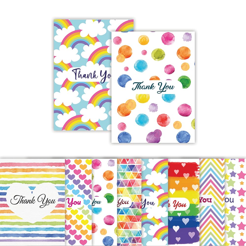 Papa Prints Pack of 12 Rainbow Thank You Cards Multipack with Envelopes (105 x 149 mm) Greeting Cards Thank You Notes for Kids Birthdays