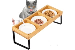 CHTSJQW Elevated Cat Ceramic Bowls, Large DIY 15° Tilted cat Food Bowl Set Raised for Indoor Cats Orthopedic Pet Solid Bamboo Stand, Anti Vomiting 3 Bowl Cat Feeder Easy to Clean and Fill