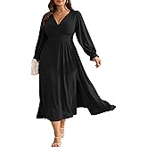 RWJ Plus Size Wedding Guest Dress for Women Deep V Neck Long Sleeve High Waist Slit Formal Cocktail Party Fall Maxi Dresses