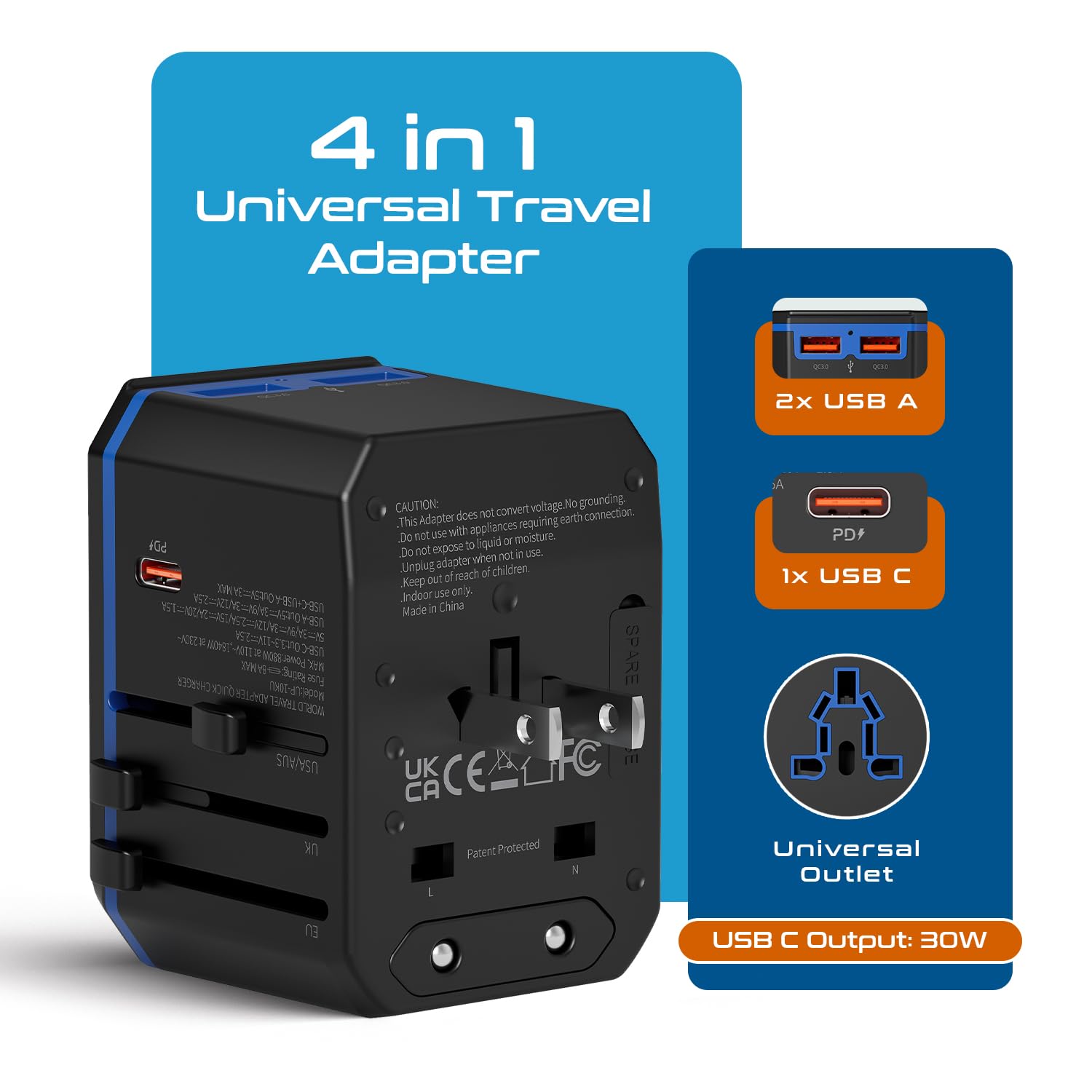 Ceptics International Power Adapter, World Travel adapter w/ PD 30W USB-C - 2 USB-A Ports Universal Adapter, Type A C G I Output for worldwide use, UP-10KU