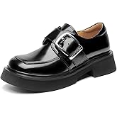 BEAU TODAY Platform Leather Loafers for Women, Chunky Lug Sole Loafers Women, Comfortable Slip-on Business Casual Non-Slip Round Toe Office Ladies Dress Shoes
