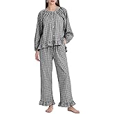 PEHMEA Women's Gingham Cotton Pajama Set Cute 2 Piece Plaid Ruffle PJs with Long Pants Button Down Top for Lounge Sleepwear