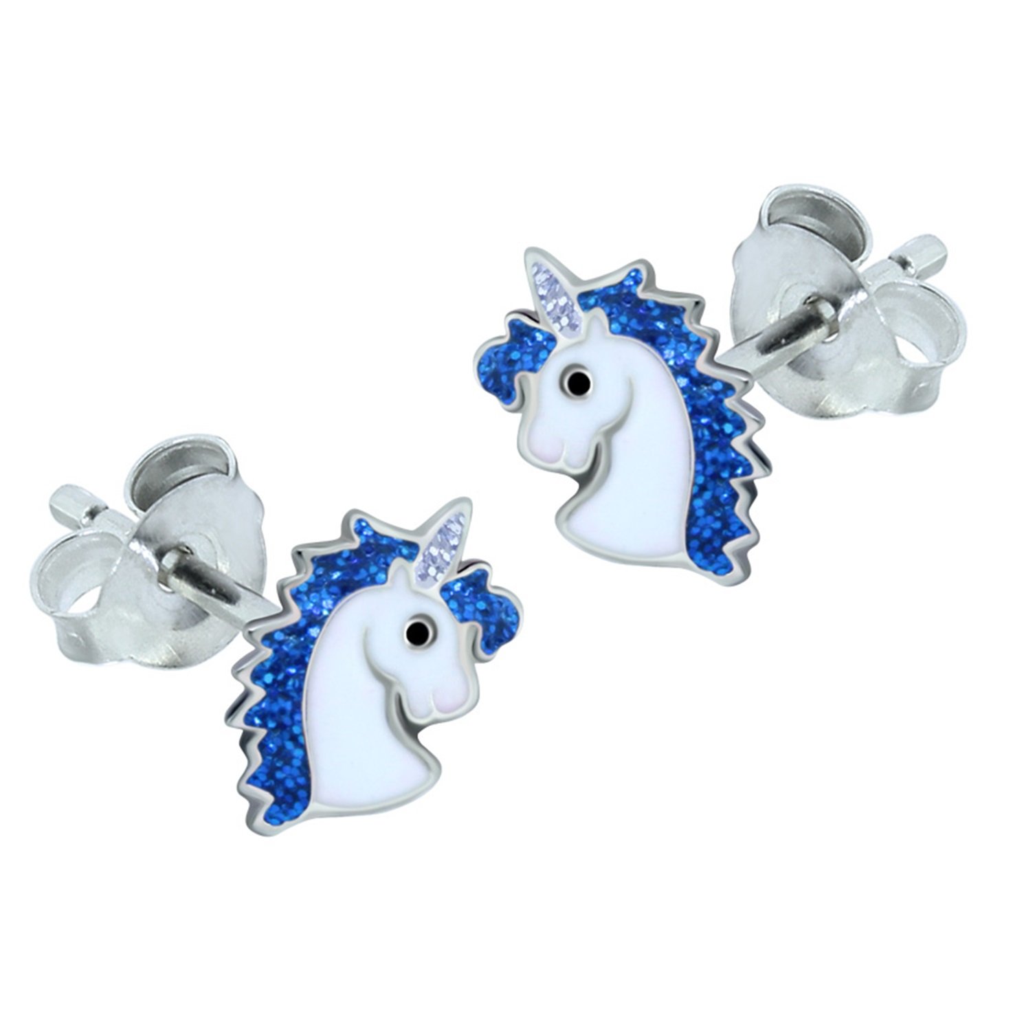 Unicorn Pony Earrings with Sparkly Blue Glitter Effect - 925 Sterling Silver