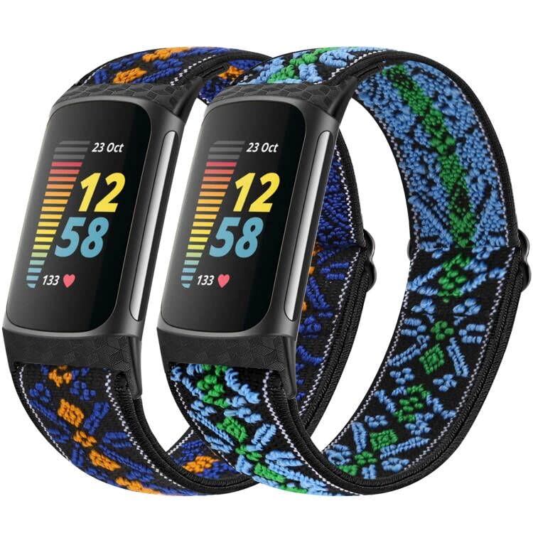 Vodtian Elastic Straps Only Compatible with Fitbit Charge 6/ Charge 5 Strap, 2 Pack Stretchy Adjustable Nylon Loop Braided Replacement Sport Wristband for Charge 5/Charge 6 Activity Tracker Women Men