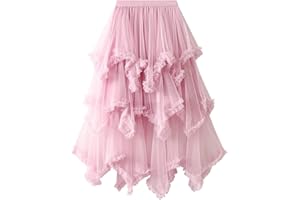 IMISSILLEB Women's Tulle Skirt Asymmetrical Pleated Elastic High Waist Layered Tutu Skirt Casual Cocktail Party A-Line Mesh Midi Skirt