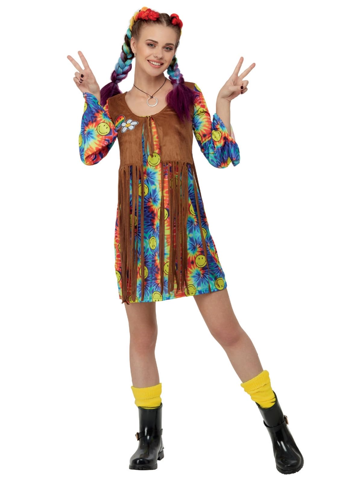 Smiffys Smiley Hippy Dress Dress & Fringed Waistcoat, Official Smiley License Costume Featuring Stylish Fringed Waistcoat, Show Off Your Peaceful, Free-Spirited Side, Ideal for Parties & Festivals