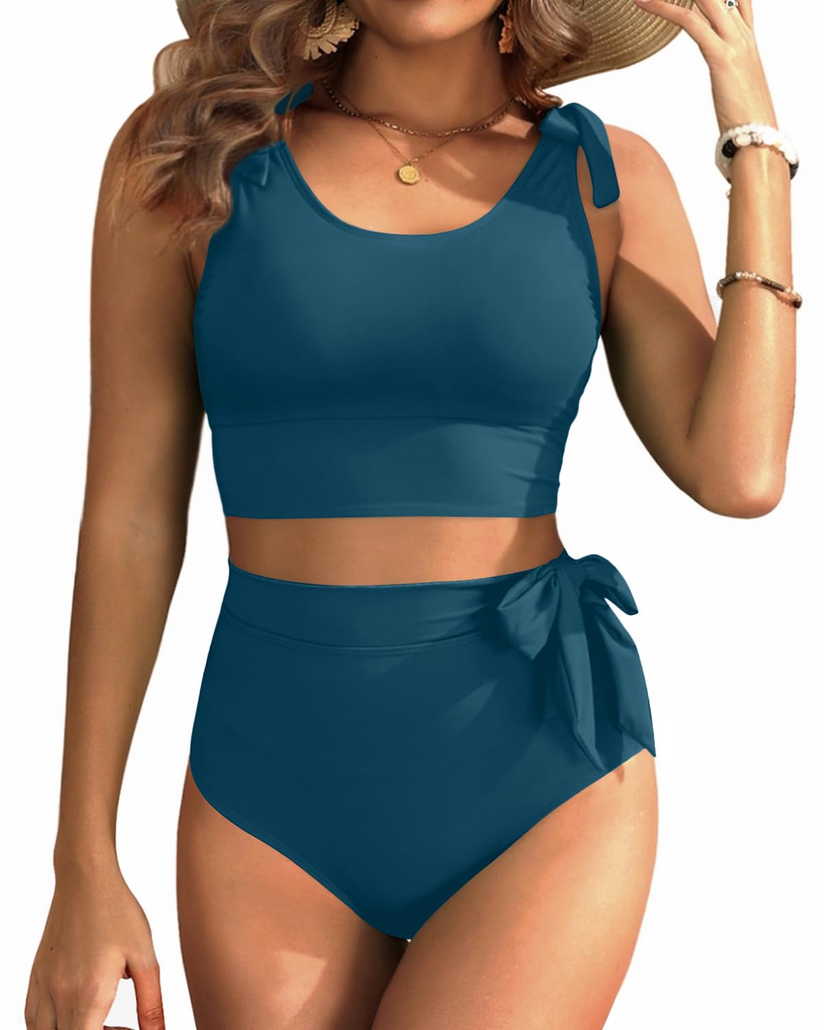 Photo 1 of Two Piece High Waisted Swimsuits - Women Tummy Control Bikini Modest Bathing Suit 2PC 2025 Teal L