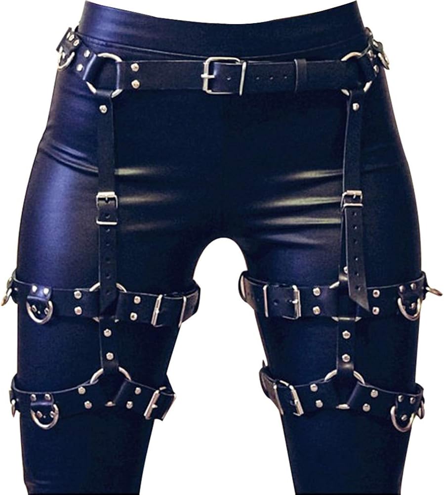 Women's Leather Body Harness Strappy Lingerie Punk Garter Adjustable Clothing Waist Leg Cincher Cage Belt(Black04)