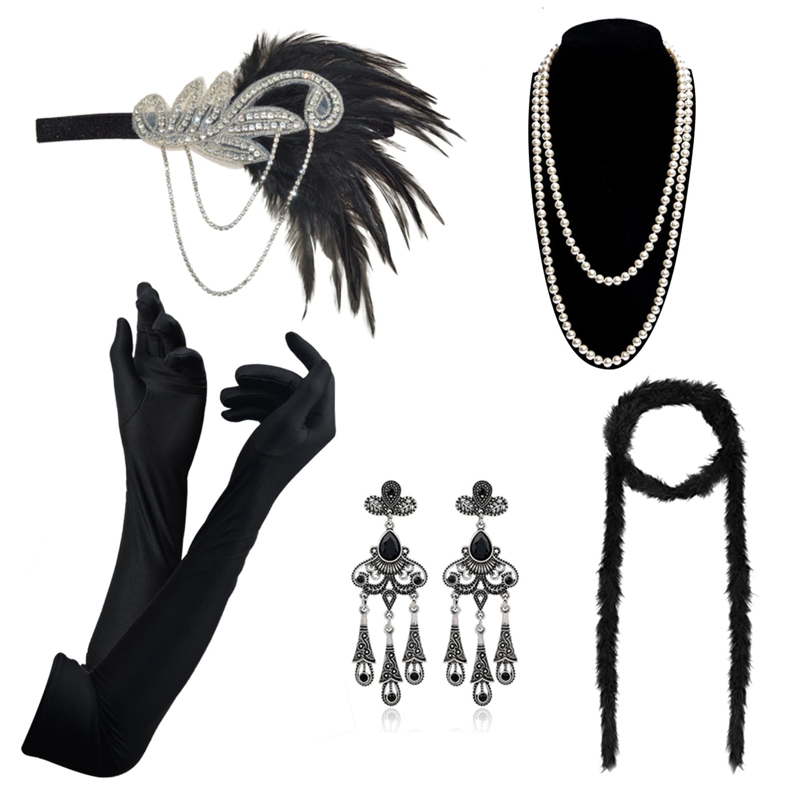 DRESHOW 1920s Flapper Gatsby Costume Accessories Set Vintage Headband Earrings Necklace Gloves