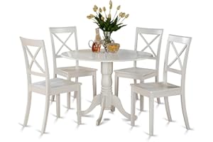 East West Furniture DLBO5-WHI-W 5 Piece Kitchen Table Set for 4 Includes a Round Dining Room Table with Dropleaf and 4 Solid Wood Seat Chairs, 42x42 Inch, Linen White